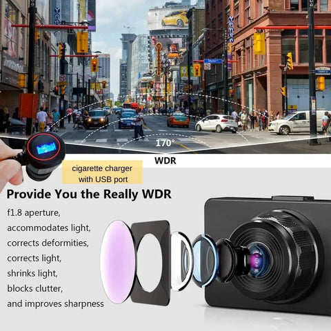 Dual Front And Rear Dash Cam For Cars With 1080P Resolution, 32GB Card Included showing WDR technology on city street