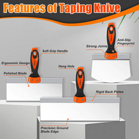 Taping knives with ergonomic handles, labeled features, including soft grip, polished blade, strong joints, and hang hole.