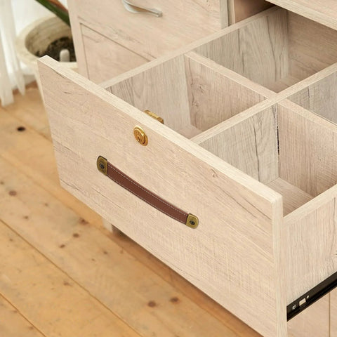 Open drawer with brown leather pull installed, part of Leather Drawer Pulls Set Of 2 With Mounting Screws Brown PU Leather Trunk Handles And Cabinet Pulls For Drawers Suitcases And Luggage Durable Wear Resistant Hardware.