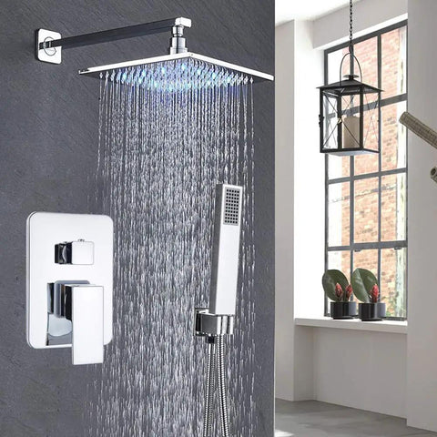 Two Way Chrome Shower System With 10 Inch LED Rain Head Wall Mounted Handheld Sprayer Brass Valve Rough In Body Pro Grade Spa