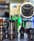 Five Pieces ER16A M22 Collet Clamping Nuts Set For CNC Milling Chuck Holder Lathe, close-up of one collet nut with tools in background.