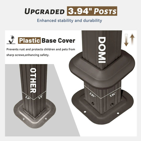 Comparison of upgraded 3.94-inch posts with plastic base cover for 10x12 Hardtop Gazebo With Gutters And Galvanized Double Roof.