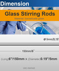 12 Pieces Pro-Grade Borosilicate Glass Stirring Rods Set, 6 Inch By 5 mm Round End, Heavy Duty Lab And Kitchen Stirring Rods With High Heat Resistance Up To 297 Degrees Fahrenheit, Ideal For Experiments And Cooking. Six-inch borosilicate glass stirring rod, 5 mm diameter, with dimension diagram.