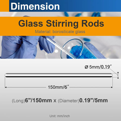 12 Pieces Pro-Grade Borosilicate Glass Stirring Rods Set, 6 Inch By 5 mm Round End, Heavy Duty Lab And Kitchen Stirring Rods With High Heat Resistance Up To 297 Degrees Fahrenheit, Ideal For Experiments And Cooking. Six-inch borosilicate glass stirring rod, 5 mm diameter, with dimension diagram.