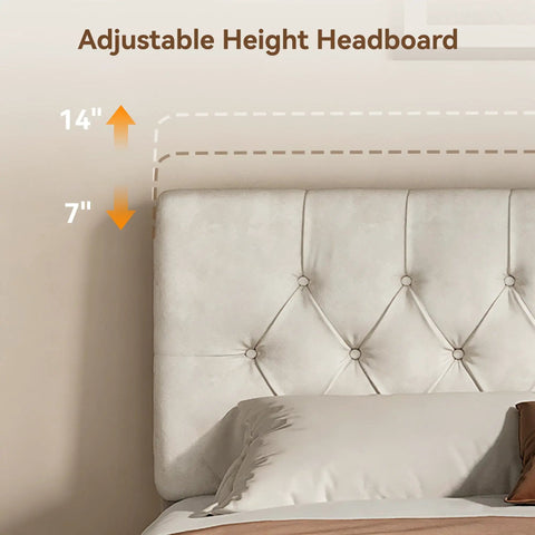 Queen Size Bed Frame With Plush Velvet Upholstered Headboard And Elegant Button Tufting Featuring Heavy Duty Wooden Slats For Zero Hassle Sleep No Box Spring Needed Straight Up Cozy Beige adjustable headboard with height markings, plush velvet