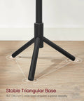 Solid Wood Free Standing Coat Rack Tree Shaped With Eight Hooks And Three Height Options For Clothes Hats Bags In Living Room Bedroom Or Home Office Black Finish with triangular base stability showing 18.2 inch legs on the floor.