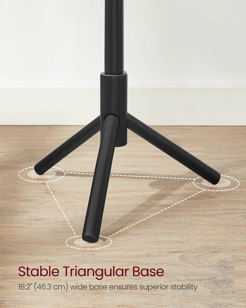 Solid Wood Free Standing Coat Rack Tree Shaped With Eight Hooks And Three Height Options For Clothes Hats Bags In Living Room Bedroom Or Home Office Black Finish with triangular base stability showing 18.2 inch legs on the floor.