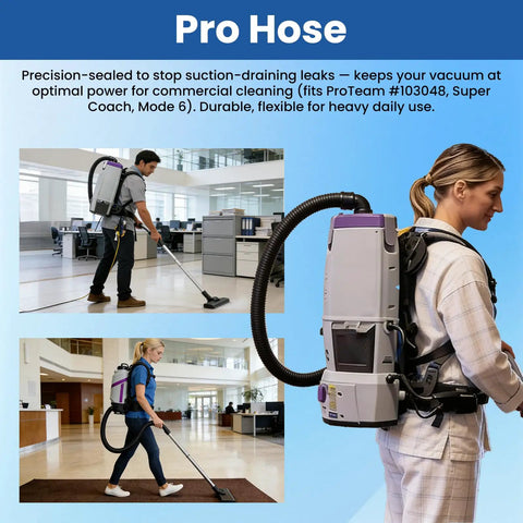 Person using Static Dissipating Backpack Vacuum Hose With One And A Half Inch Cuffs, Sixteen Inch Length, Includes 90 Degree Elbow, Compatible With Super Coach Mode 6 And Other Vacuum Models, Replacement Stretchable Hose 107648 in an office setting.