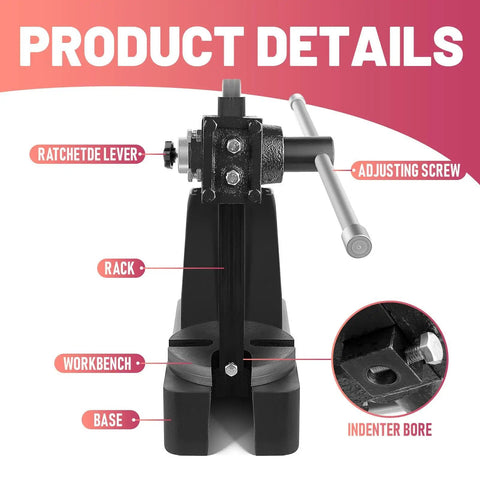 Close-up of 3 Ton Arbor Press Desktop Manual for Metal Forming, Plastic Cutting, Hole Punching, showing ratcheted lever and indenter bore.