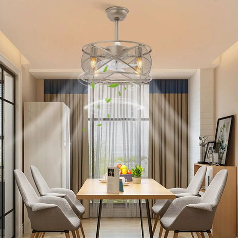 Ceiling Fan with Light with Handheld Controller, 3-Blade Caged Fan, Iron, installed in a dining area with modern decor.