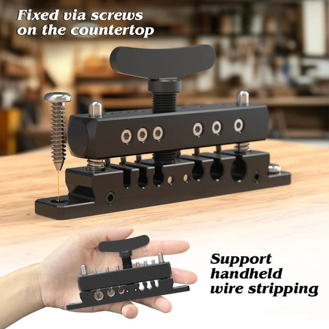 Adjustable And Portable Wire Stripper Machine For DIYers And Pros, shown fixed on countertop and handheld for wire stripping