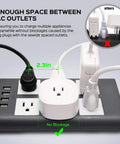 Ultra Flexible 10 Ft 15A Power Strip With Six Outlets And Four USB Ports, showing spaced outlets with plugs and USB ports, gray white.