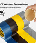 Multiple duct tapes demonstrating waterproof adhesion with water poured over, labeled 100% Waterproof, Strong Adhesion.
