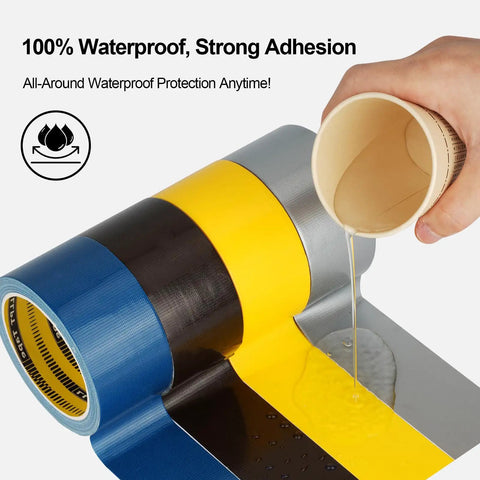 Multiple duct tapes demonstrating waterproof adhesion with water poured over, labeled 100% Waterproof, Strong Adhesion.