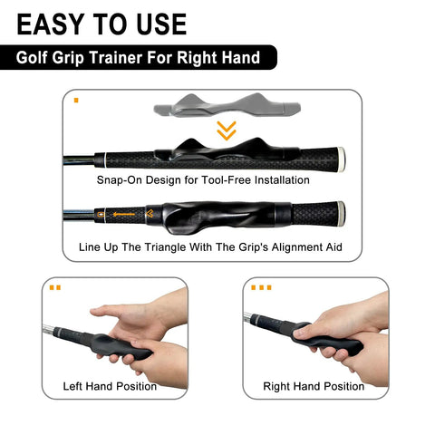 Grip Trainer For Golf Clubs Right Hand With Pro Ergonomic Design showing snap-on installation and hand positioning on golf club