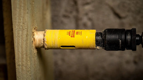 Deep Cut Hole Saw 44mm Beefy Heavy Duty Bi Metal With Extra Cobalt HSS Teeth drilling into wood