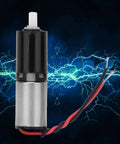 Front view of a 6mm micro planetary gear motor with DC 3V, black top, silver body, red and black wires