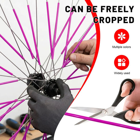 Installing 72 Piece Purple Bicycle Spoke Covers Dope Wheel Skins Fit 8 To 21 Inch Rims on bike wheel, shown with scissors