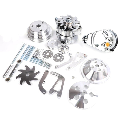 Sick Long Water Pump Pulley Kit For Small Block Chevy Engines Made From Solid Aluminum For Non Metric Front Drive Systems Fit Muscle Cars Without Reverse Rotation Pumps To Maintain Performance And Style Under Hood While Lowering Costs For Your Build, aluminum parts laid out