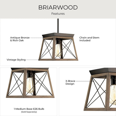 Detail view of Coastal 1-Light Mini Pendant in Antique Bronze showcasing oak cage design, chain stem, and vintage styling for rustic farmhouse vibe.