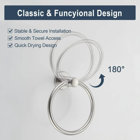 Classic design brushed nickel towel ring demonstrating 180-degree rotation feature for stable and smooth towel access.
