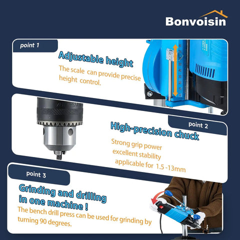 Mini Benchtop Drill Press With 6 Variable Speeds Up To 2800 RPM, 1200W Power, 90 Degree Tilt, showcasing adjustable height and chuck