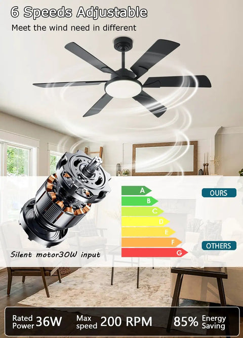 52 Inch Low Profile Ceiling Fan With Lights Remote And App Control 3 CCT Dimmable 6 Speed Ultra Quiet DC Motor Reversible