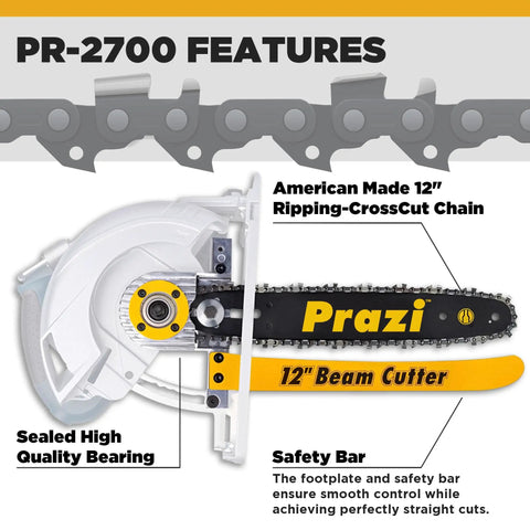 12 Inch Beam Cutter Attachment For Circular Saws - Fits Seven And A Quarter Inch Saws, Non-Worm Drive, Boost Depth From Two And A Half Inches To Twelve Inches, Yellow Black display with features labeled.