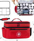 Red medicine organizer bag with double layer design for home and travel, open showing compartments for pills and medical supplies.