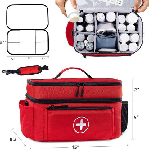 Red medicine organizer bag with double layer design for home and travel, open showing compartments for pills and medical supplies.