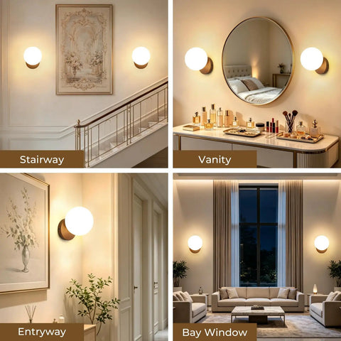 Prosmoon Modern Globe Wall Sconce Set of 2, 3-Color Temperature Adjustable in stairway, vanity, entryway, and bay window settings.