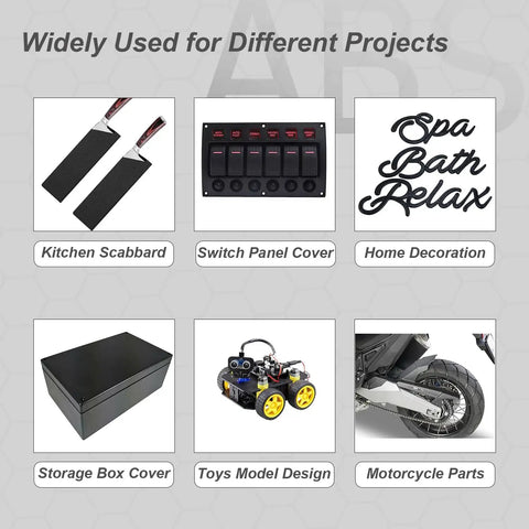 Image showing various DIY projects using Two Pack Black ABS Plastic Sheets 8 By 12 Inches One Eighth Inch Thick Moldable Material.