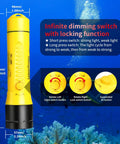 Yellow Underwater Dive Light 1800 Lumens Beast Brightness Waterproof IP68 To 100m with dimming switch and locking function.