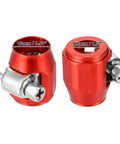 Two red AN4 Hex Hose Finisher Clamp Set For Cars with measurements, flexible pipe clips with captive screws, durable steel.
