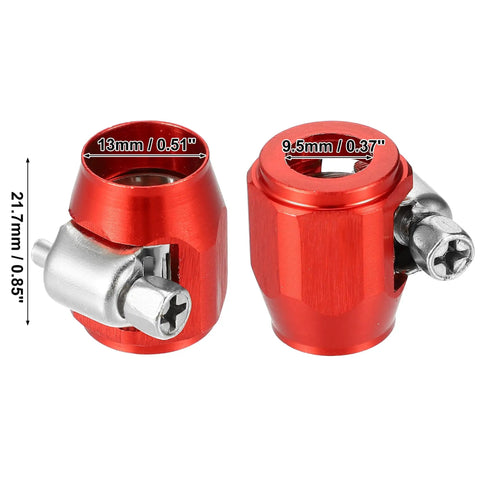Two red AN4 Hex Hose Finisher Clamp Set For Cars with measurements, flexible pipe clips with captive screws, durable steel.