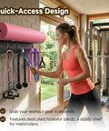 Woman organizing gym gear on Heavy Duty Wall Mounted Gym Rack With Eight Hooks For Home Workout Gear Storage and yoga mat holder.