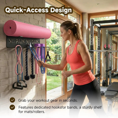 Woman organizing gym gear on Heavy Duty Wall Mounted Gym Rack With Eight Hooks For Home Workout Gear Storage and yoga mat holder.