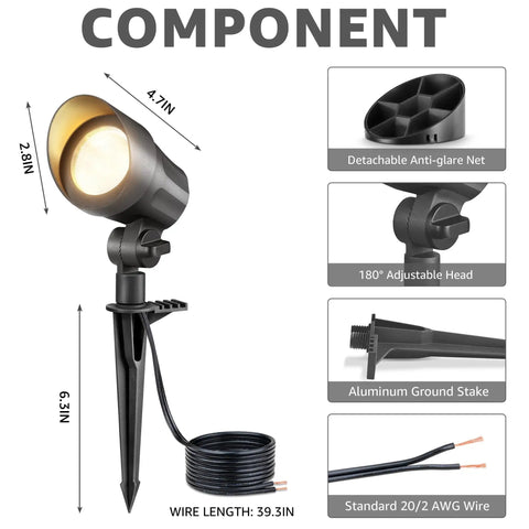 All In One Low Voltage Landscape Lighting Kit With 60W Transformer, Eight 6W Anti Glare Spotlight Heads, 100 Ft Landscape Wire components