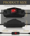 Heavy Duty 3 Prong Extension Cord Built Solid With Real 14 AWG Cable 6.6 Ft Black Wire with inline switch and size dimensions.