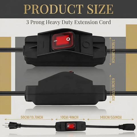Heavy Duty 3 Prong Extension Cord Built Solid With Real 14 AWG Cable 6.6 Ft Black Wire with inline switch and size dimensions.