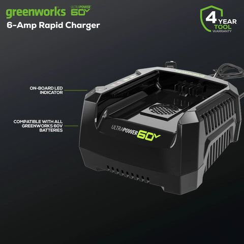 60V Ultra Power 6A Rapid Charger for All 60V Batteries with LED Status Indicator and Built In Air Vent for Faster Cooler Charging Pro Grade Safety and Quick Charge Plug And Play for Your Cordless Lawn Tools