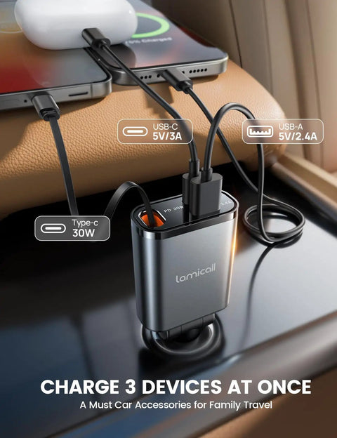 Ultra Slim 57W 3 In 1 USB C Car Charger Retractable And 180 Degree Rotatable Design Fast Charge in car charging port
