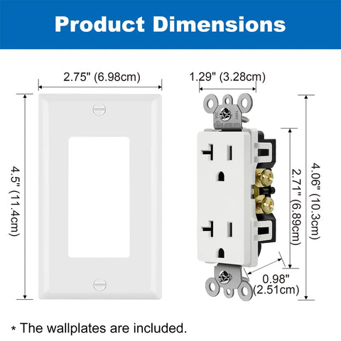 Dimensions of 10 Pack 20 Amp Decorator Receptacle Outlet With Wall Plates 125V 2500W Standard Electrical Outlet In Gloss White Non Tamper Resistant UL Listed Durable Thermoplastic Construction Easy Install