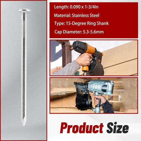 Stainless Steel Ring Shank Siding Nails 1-3/4-Inch X.090-Inch, 15-Degree Collated Wire Coil in nail gun for fencing
