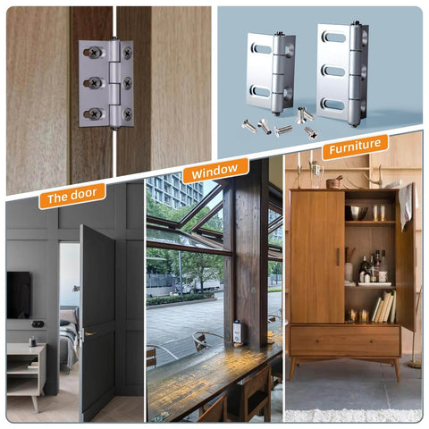 Two Pack Aluminum Door Hinges With Flat Head Screws, Adjustable Hole Spacing From Three To Five Inches, Hinge Size Two Point Seven Six Inches By Two Point Four Eight Inches, Silver Finish, Heavy Duty Cabinet And Door Butt Hinge Set For Smooth Operation, installed on doors, windows, and furniture
