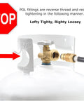 Close-up of propane tank connection with stop sign, demonstrating correct POL fittings tightening for Big 60,000 BTU Portable Propane Heater.