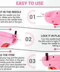 Top Notch Handheld Quick Stitch Gun For Clothes And Denim shows steps to use pink stitching tool, highlighting needle placement and locking.