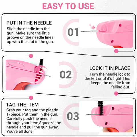 Top Notch Handheld Quick Stitch Gun For Clothes And Denim shows steps to use pink stitching tool, highlighting needle placement and locking.