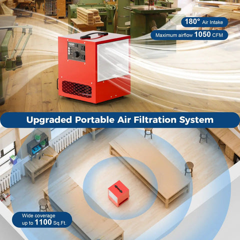 Portable Air Filtration System with 180 Degree Air Intake and High Velocity Vortex Fan, 850 to 1050 CFM in a workshop setting