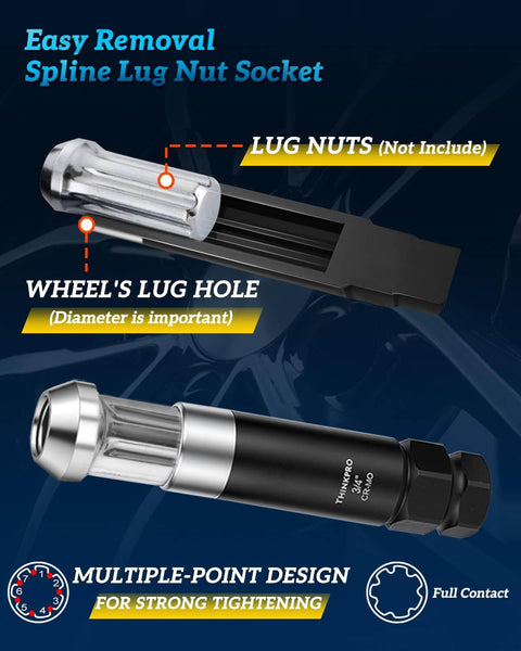 Beefy Eight Piece Spline Lug Nut Socket Set For Wheel Lock Removal with five point lug nut key, multiple-point design.